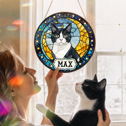 Personalized Cat Portrait Stained Glass Suncatcher, Custom Gift for Cat Lovers
