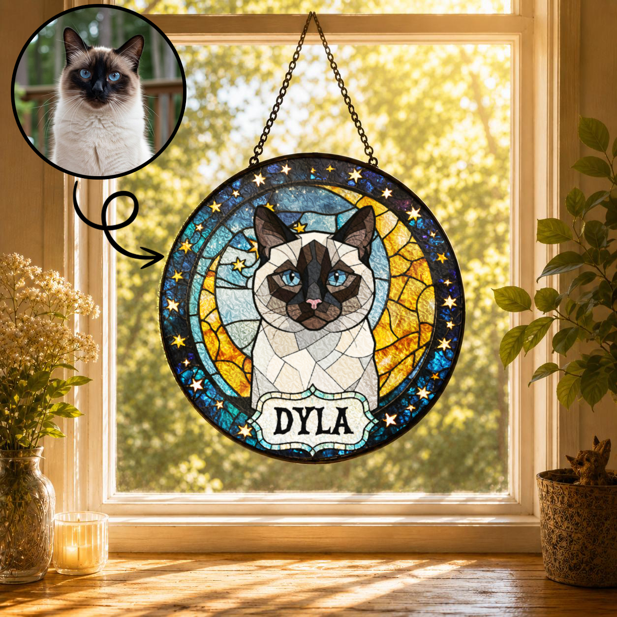Personalized Cat Portrait Stained Glass Suncatcher, Custom Gift for Cat Lovers