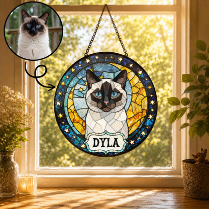 Personalized Cat Portrait Stained Glass Suncatcher, Custom Gift for Cat Lovers