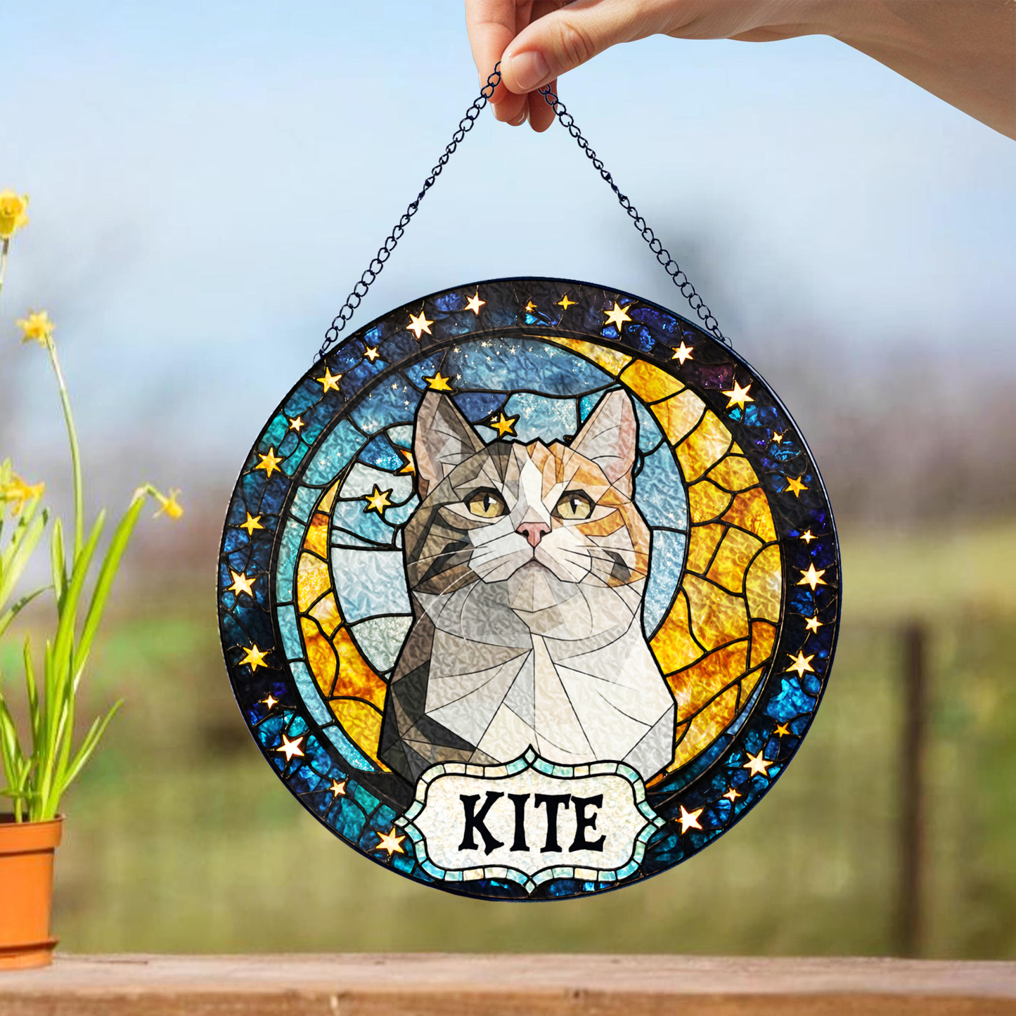 Personalized Cat Portrait Stained Glass Suncatcher, Custom Gift for Cat Lovers