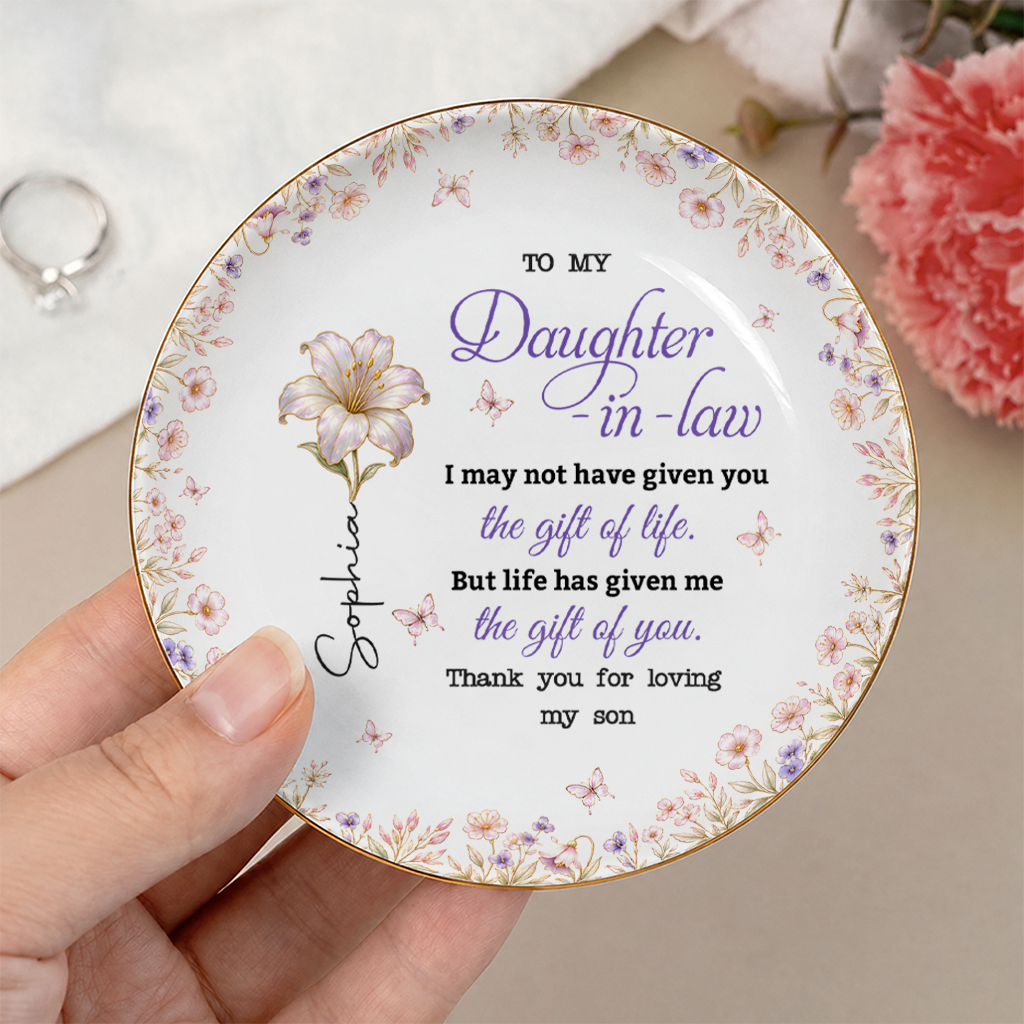 To My Daughter-in-Law Personalized Birth Month Flower Dish, Custom Name Gift For Daughter-in-Law