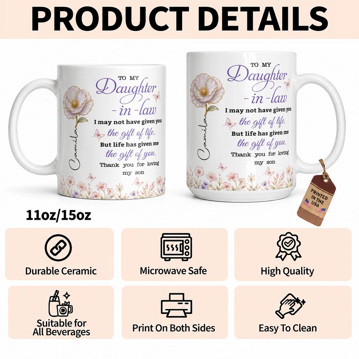 Tasse en céramique personnalisée avec fleur de naissance pour ma belle-fille, cadeau avec prénom personnalisé pour belle-fille
