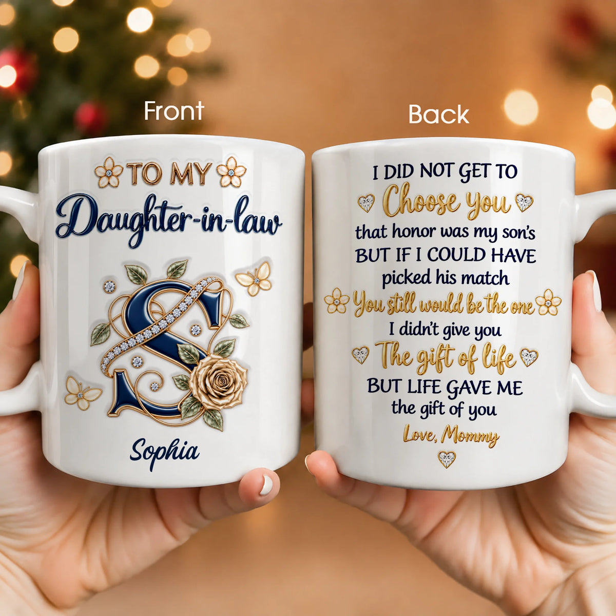 Personalized To My Daughter-in-Law Navy Initial & Champagne Rose Ceramic Mug – Custom Name Gift for Daughter-in-Law
