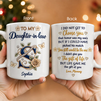 Personalized To My Daughter-in-Law Navy Initial & Champagne Rose Ceramic Mug – Custom Name Gift for Daughter-in-Law