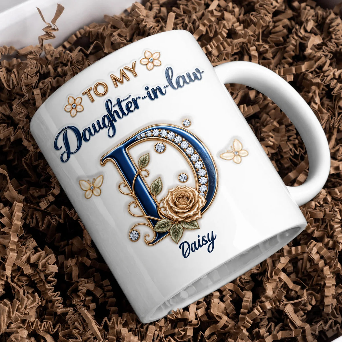 Personalized To My Daughter-in-Law Navy Initial & Champagne Rose Ceramic Mug – Custom Name Gift for Daughter-in-Law