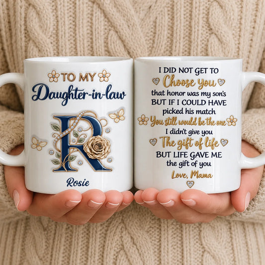 Personalized To My Daughter-in-Law Navy Initial & Champagne Rose Ceramic Mug – Custom Name Gift for Daughter-in-Law