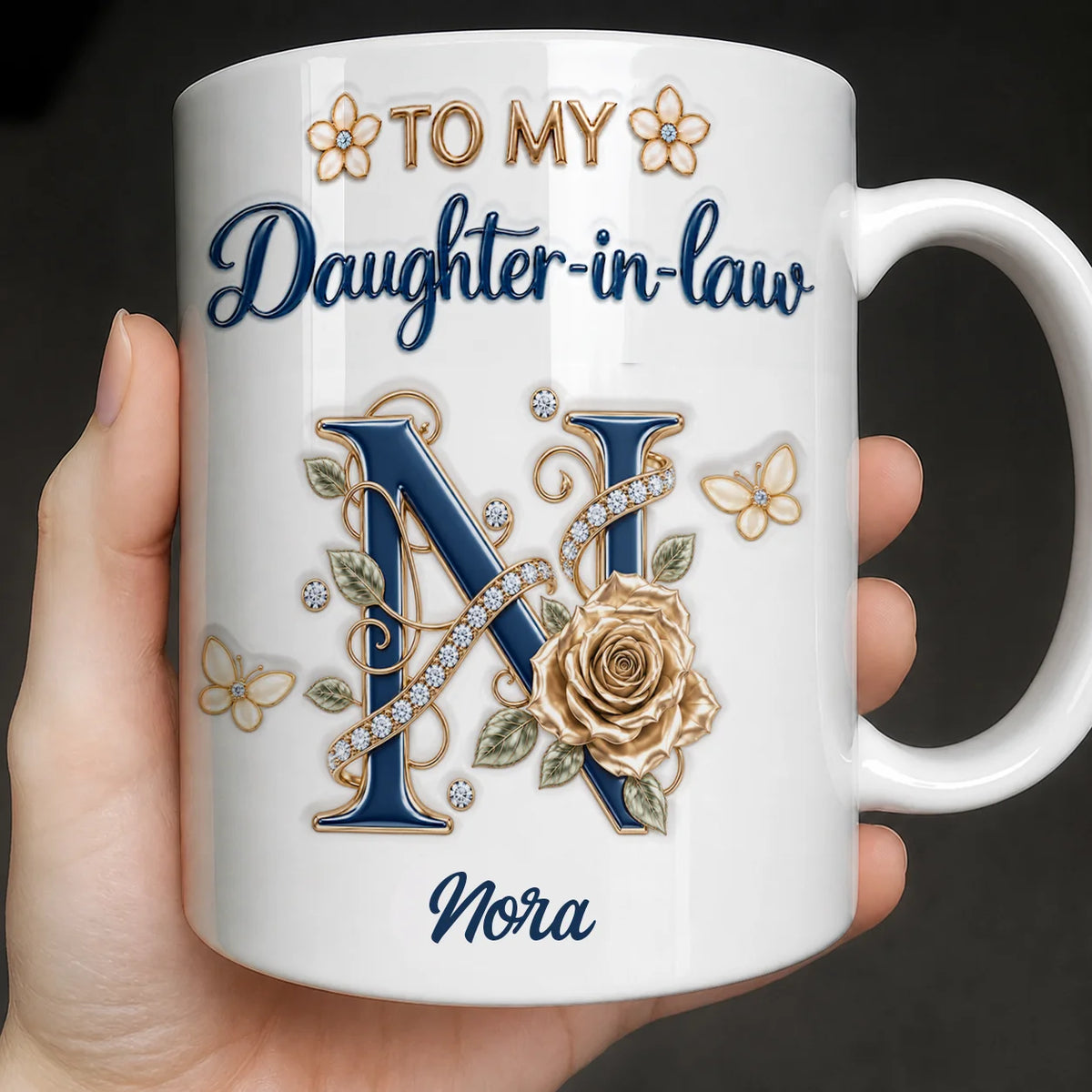 Personalized To My Daughter-in-Law Navy Initial & Champagne Rose Ceramic Mug – Custom Name Gift for Daughter-in-Law