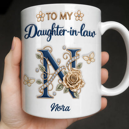Personalized To My Daughter-in-Law Navy Initial & Champagne Rose Ceramic Mug – Custom Name Gift for Daughter-in-Law