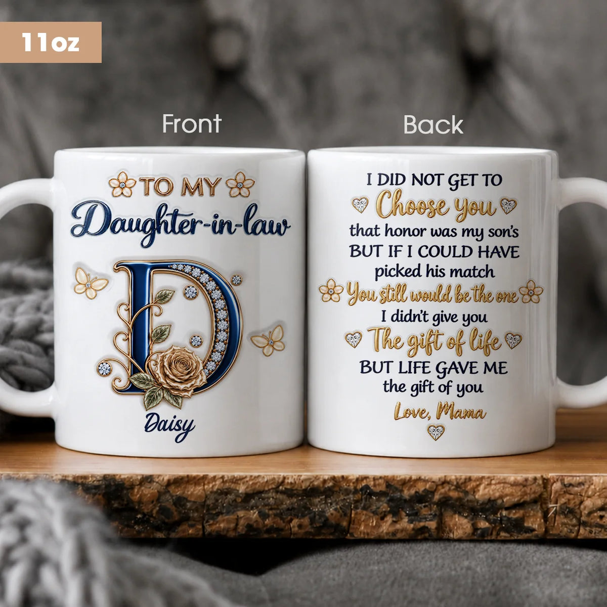 Personalized To My Daughter-in-Law Navy Initial & Champagne Rose Ceramic Mug – Custom Name Gift for Daughter-in-Law