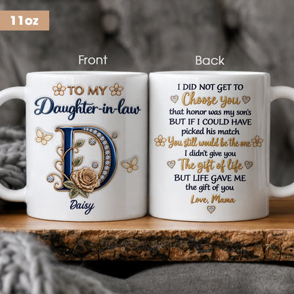 Personalized To My Daughter-in-Law Navy Initial & Champagne Rose Ceramic Mug – Custom Name Gift for Daughter-in-Law