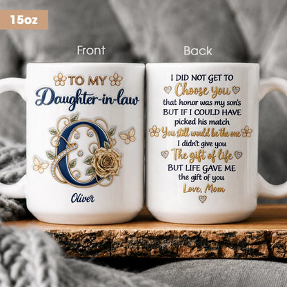 Personalized To My Daughter-in-Law Navy Initial & Champagne Rose Ceramic Mug – Custom Name Gift for Daughter-in-Law