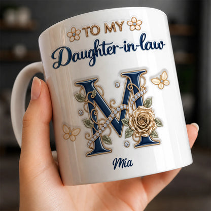Personalized To My Daughter-in-Law Navy Initial & Champagne Rose Ceramic Mug – Custom Name Gift for Daughter-in-Law