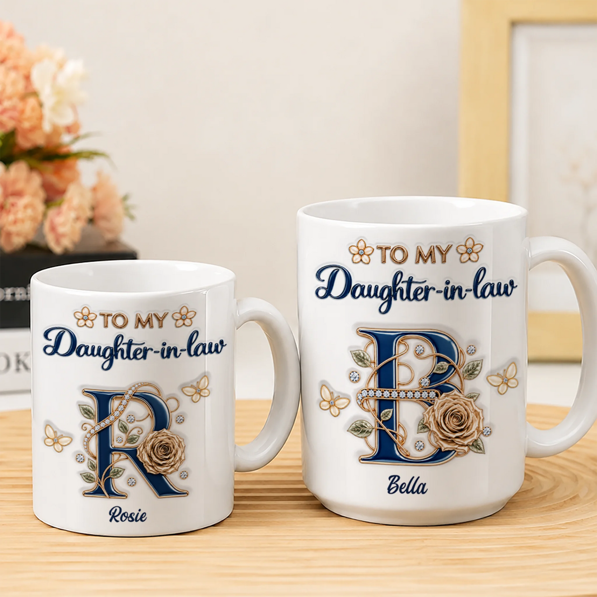 Personalized To My Daughter-in-Law Navy Initial & Champagne Rose Ceramic Mug – Custom Name Gift for Daughter-in-Law