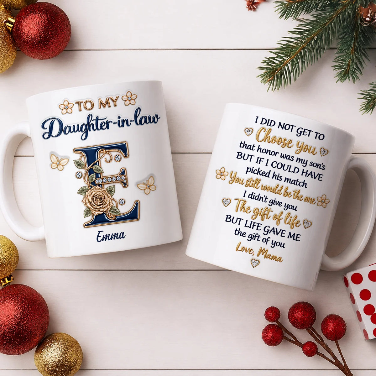 Personalized To My Daughter-in-Law Navy Initial & Champagne Rose Ceramic Mug – Custom Name Gift for Daughter-in-Law