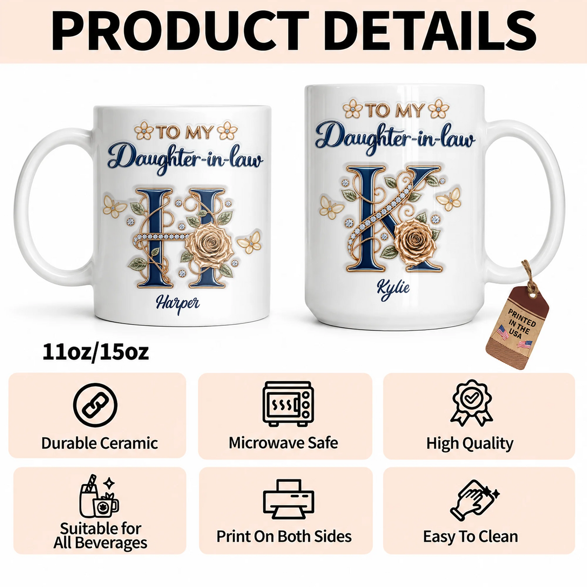 Personalized To My Daughter-in-Law Navy Initial & Champagne Rose Ceramic Mug – Custom Name Gift for Daughter-in-Law