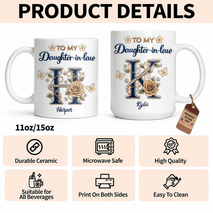 Personalized To My Daughter-in-Law Navy Initial & Champagne Rose Ceramic Mug – Custom Name Gift for Daughter-in-Law