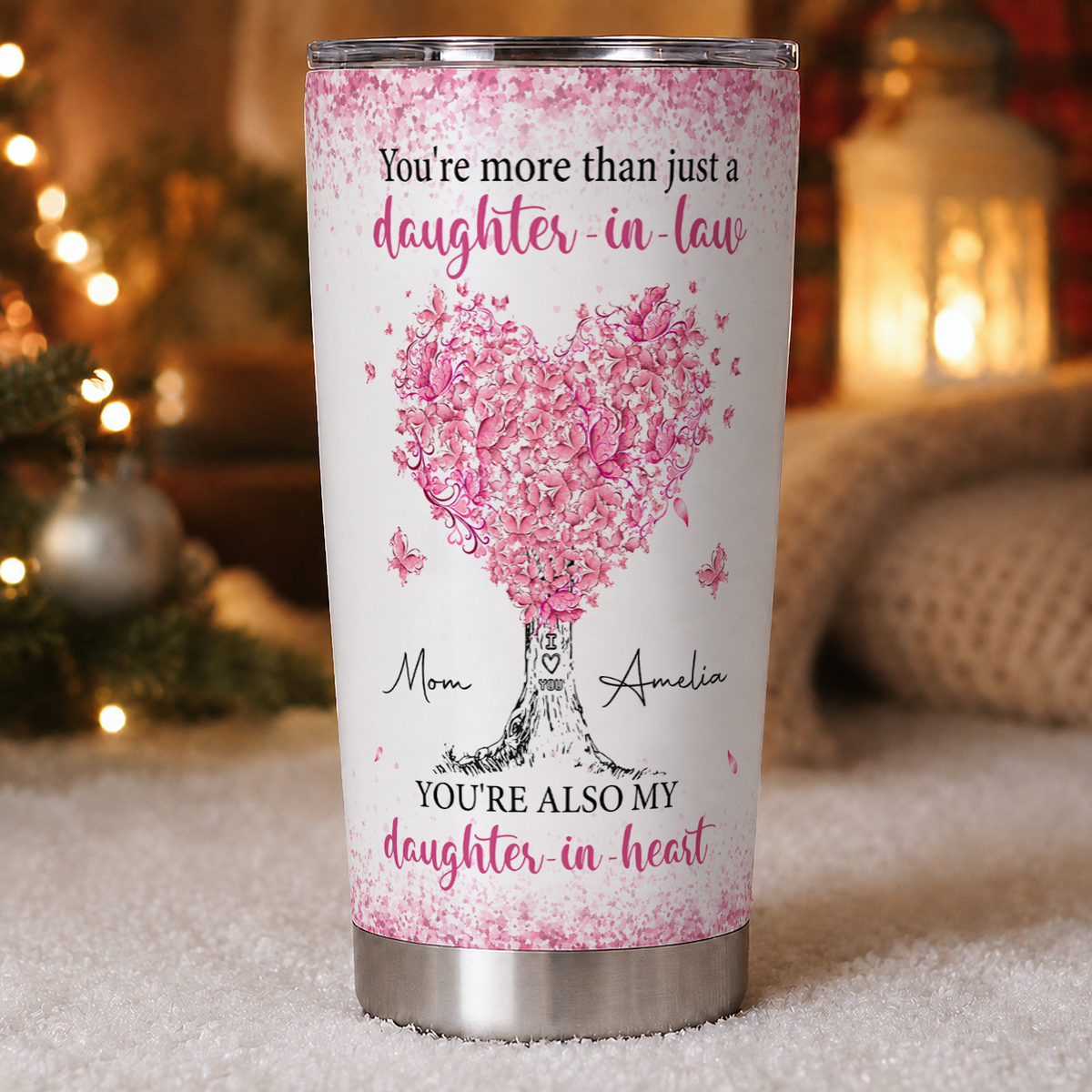 Personalized To My Daughter-In-Law 20oz Premium Stainless Steel Tumbler – Pink Heart Tree Custom Names Gift For Daughter-in-law
