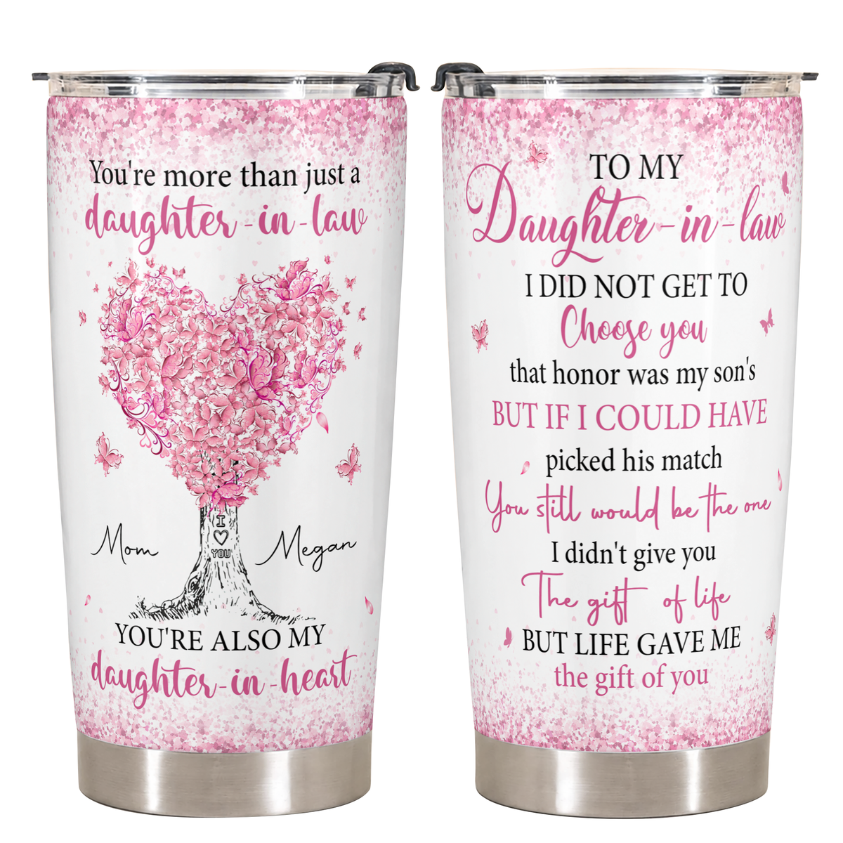 Personalized To My Daughter-In-Law 20oz Premium Stainless Steel Tumbler – Pink Heart Tree Custom Names Gift For Daughter-in-law