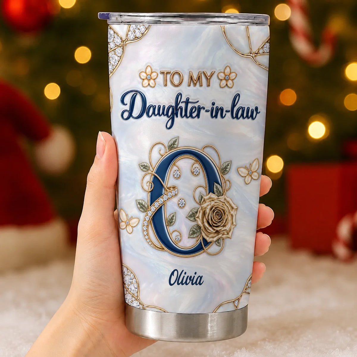 Personalized To My Daughter-in-Law Navy Initial & Champagne Rose 20oz Tumbler – Custom Name Gift For Daughter-in-law