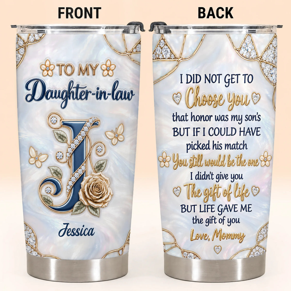 Personalized To My Daughter-in-Law Navy Initial & Champagne Rose 20oz Tumbler – Custom Name Gift For Daughter-in-law