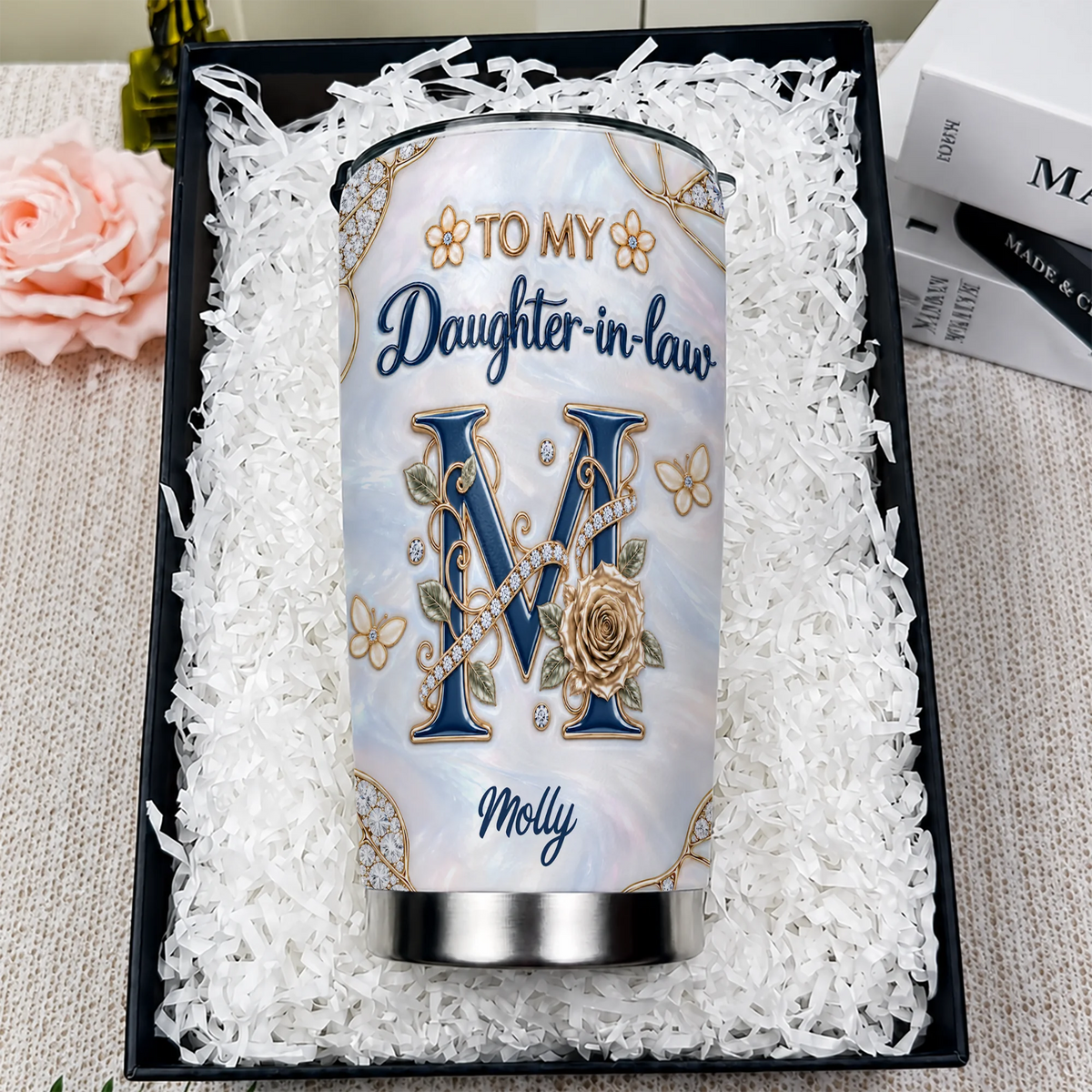 Personalized To My Daughter-in-Law Navy Initial & Champagne Rose 20oz Tumbler – Custom Name Gift For Daughter-in-law