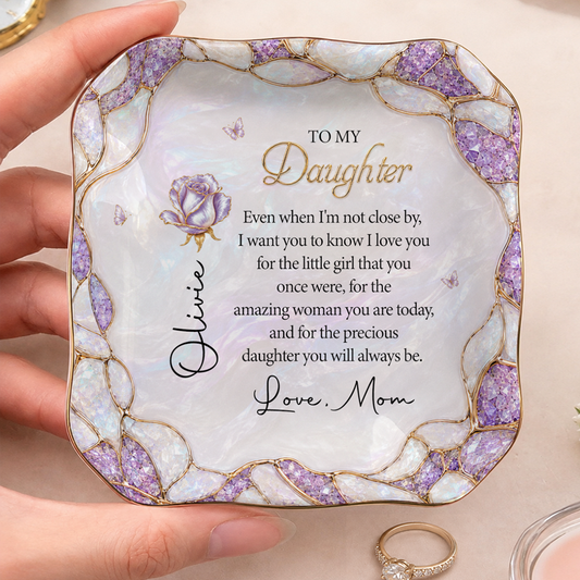 To My Daughter Personalized Birth Flower Ceramic Jewelry Dish, Custom Name Gift For Daughter
