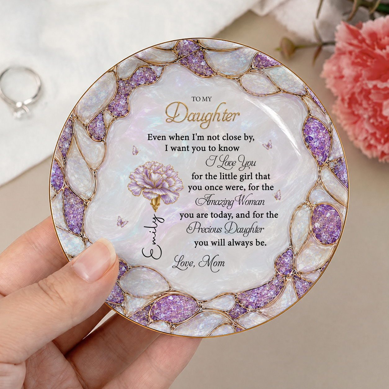 To My Daughter Personalized Birth Flower Ceramic Jewelry Dish, Custom Name Gift For Daughter