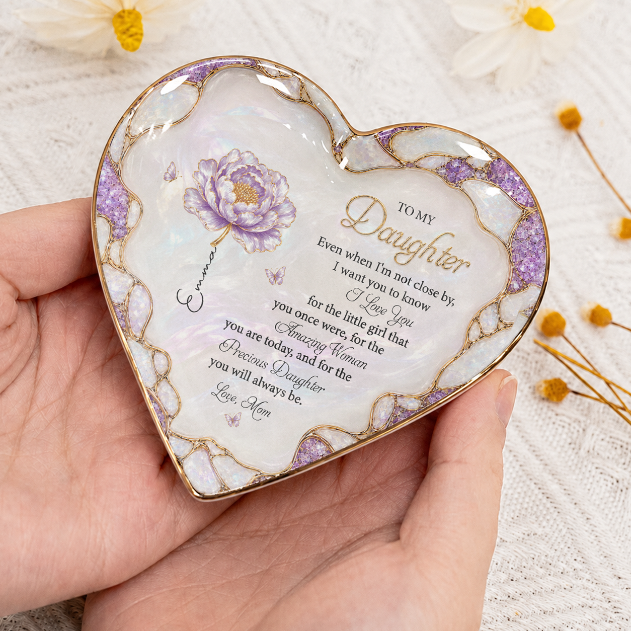 To My Daughter Personalized Birth Flower Ceramic Jewelry Dish, Custom Name Gift For Daughter