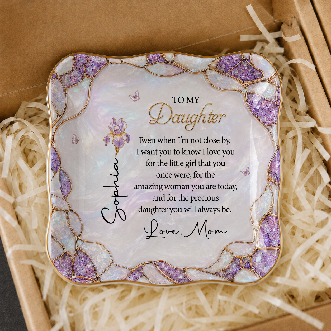To My Daughter Personalized Birth Flower Ceramic Jewelry Dish, Custom Name Gift For Daughter