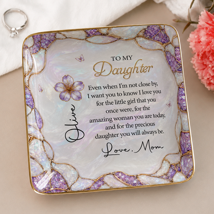 To My Daughter Personalized Birth Flower Ceramic Jewelry Dish, Custom Name Gift For Daughter