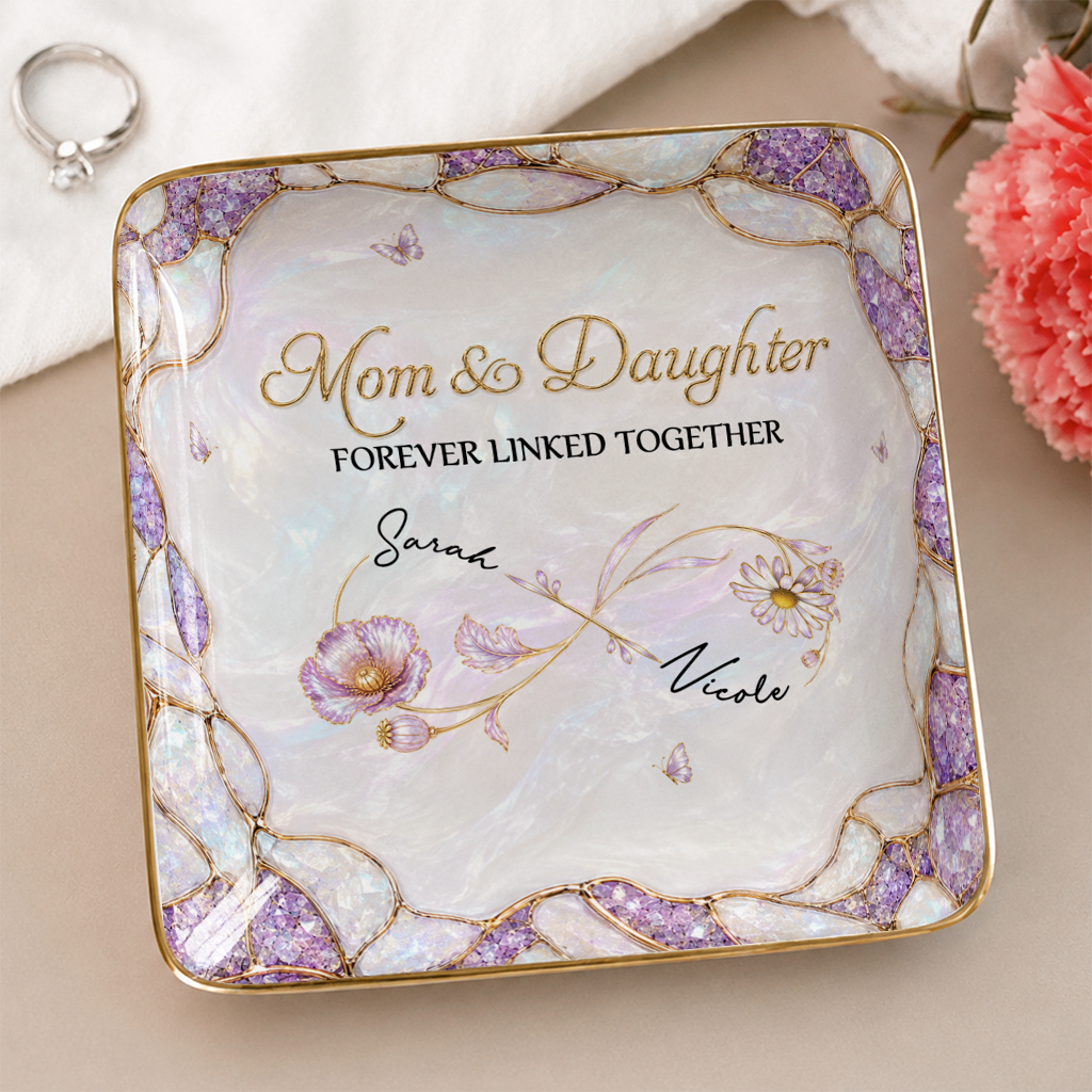 Personalized Mom & Daughter Jewelry Dish – Forever Linked Together Infinity Custom Names Gift For Daughter