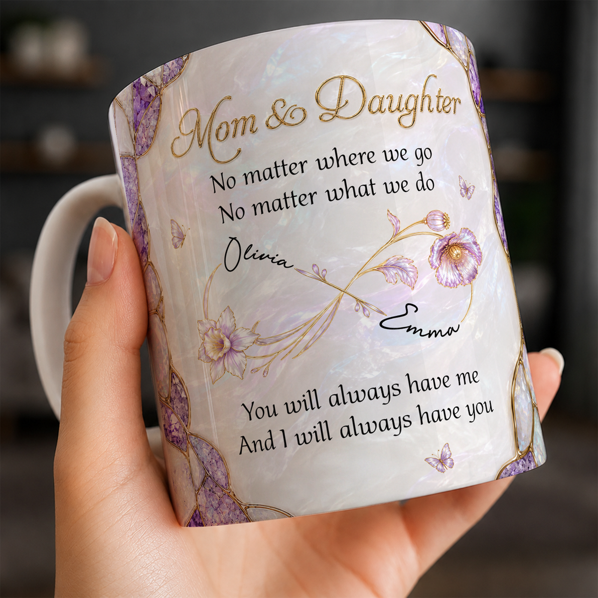 Mug personnalisé Maman & Fille – Peu importe où nous allons, cadeau avec prénoms personnalisés pour fille, symbole infini