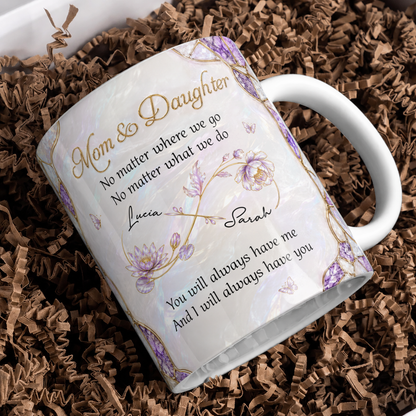 Mug personnalisé Maman & Fille – Peu importe où nous allons, cadeau avec prénoms personnalisés pour fille, symbole infini