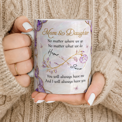 Mug personnalisé Maman & Fille – Peu importe où nous allons, cadeau avec prénoms personnalisés pour fille, symbole infini