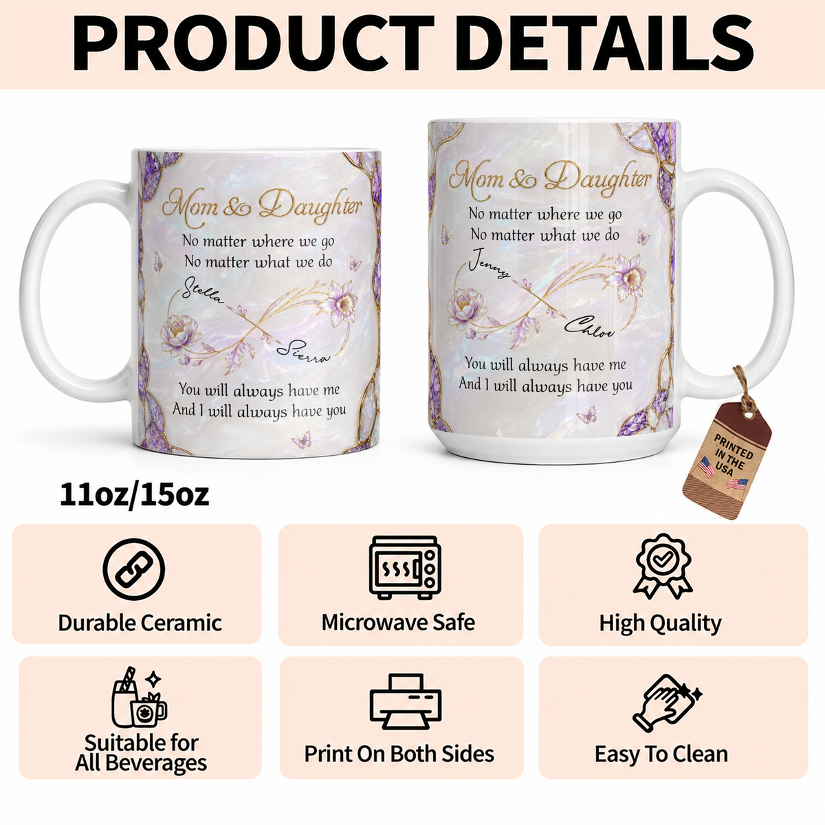 Mug personnalisé Maman & Fille – Peu importe où nous allons, cadeau avec prénoms personnalisés pour fille, symbole infini