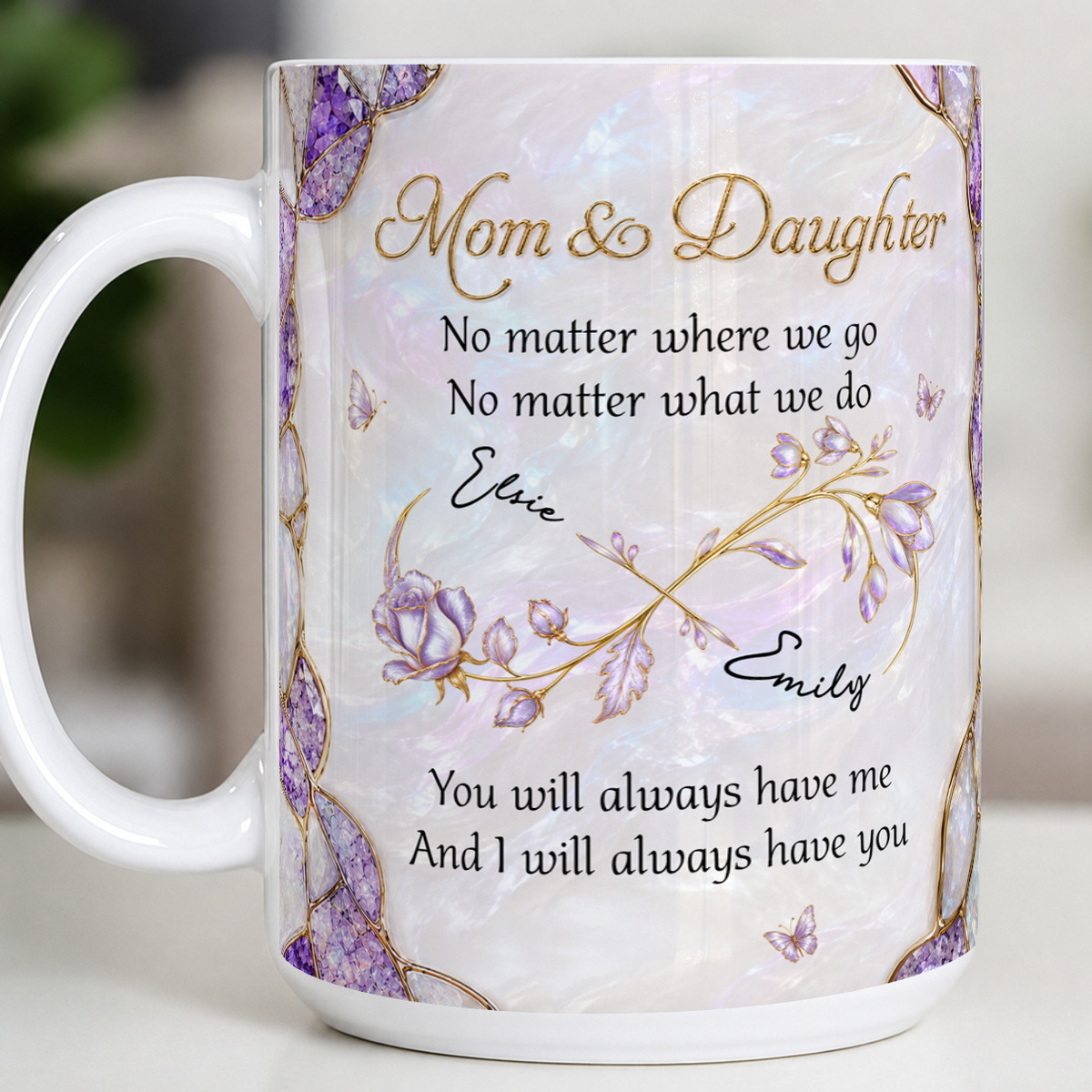 Mug personnalisé Maman & Fille – Peu importe où nous allons, cadeau avec prénoms personnalisés pour fille, symbole infini
