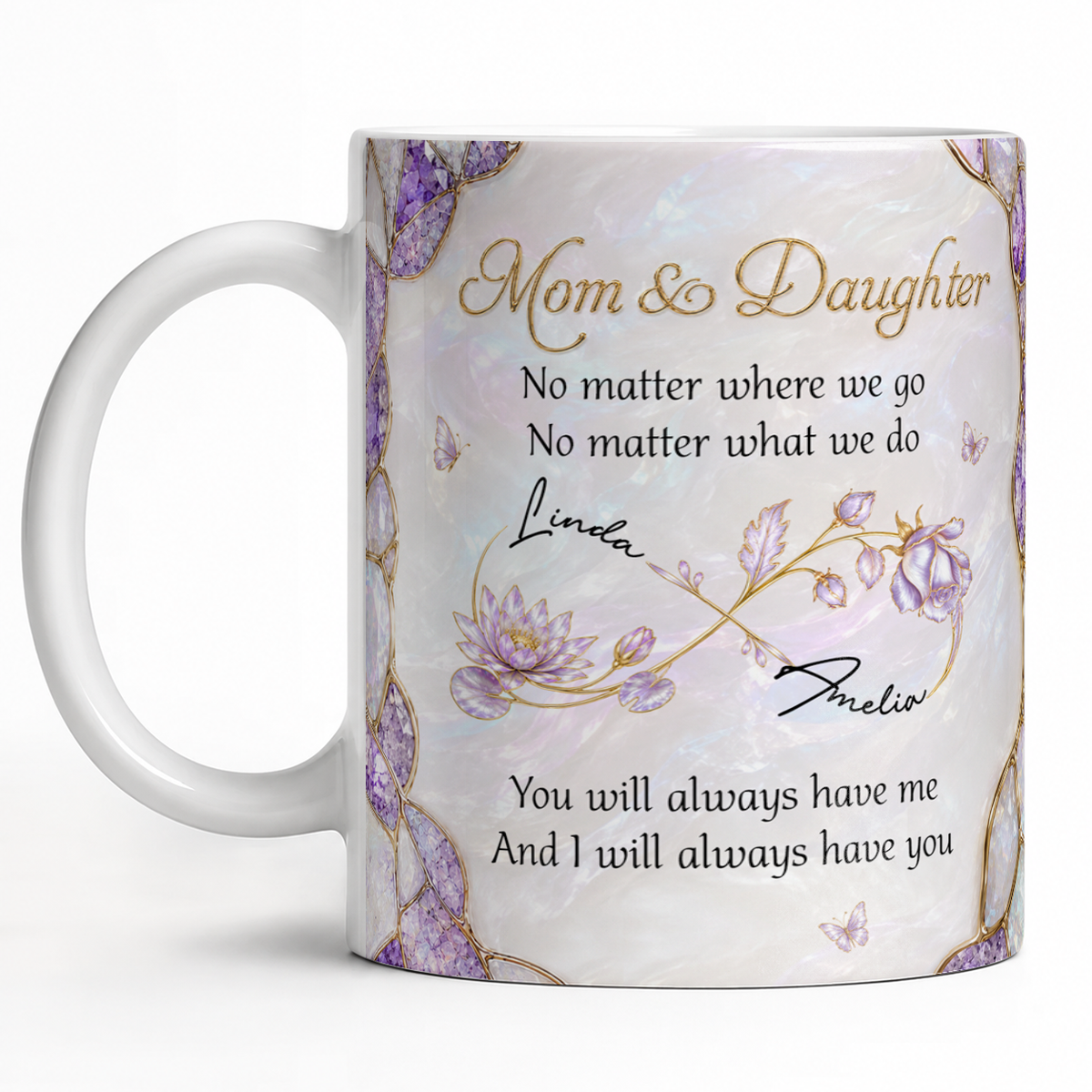 Mug personnalisé Maman & Fille – Peu importe où nous allons, cadeau avec prénoms personnalisés pour fille, symbole infini