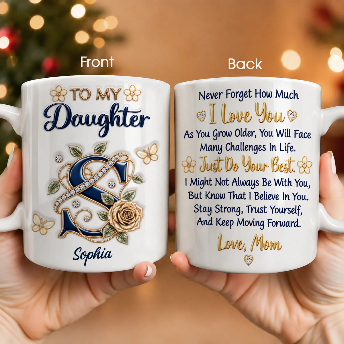 Personalisiert für meine Tochter: Marineblaue Initiale & Champagner-Rose Keramiktasse – Individuelles Namensgeschenk von Mama an Tochter