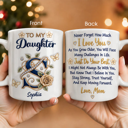 Personalisiert für meine Tochter: Marineblaue Initiale & Champagner-Rose Keramiktasse – Individuelles Namensgeschenk von Mama an Tochter