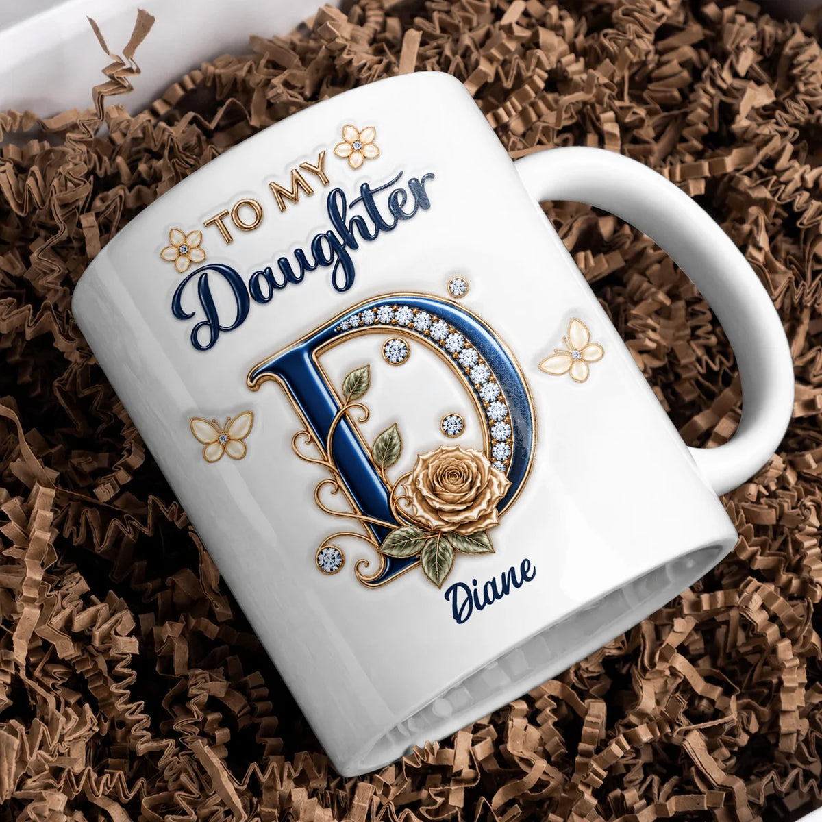 Personalisiert für meine Tochter: Marineblaue Initiale & Champagner-Rose Keramiktasse – Individuelles Namensgeschenk von Mama an Tochter