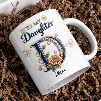 Personalisiert für meine Tochter: Marineblaue Initiale & Champagner-Rose Keramiktasse – Individuelles Namensgeschenk von Mama an Tochter