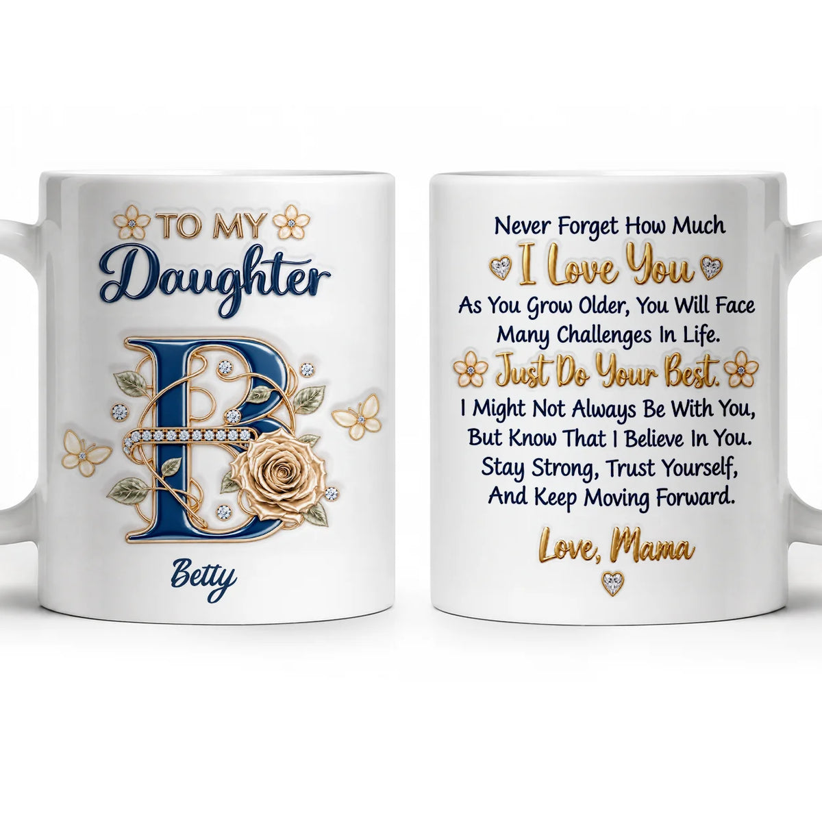Personalisiert für meine Tochter: Marineblaue Initiale & Champagner-Rose Keramiktasse – Individuelles Namensgeschenk von Mama an Tochter