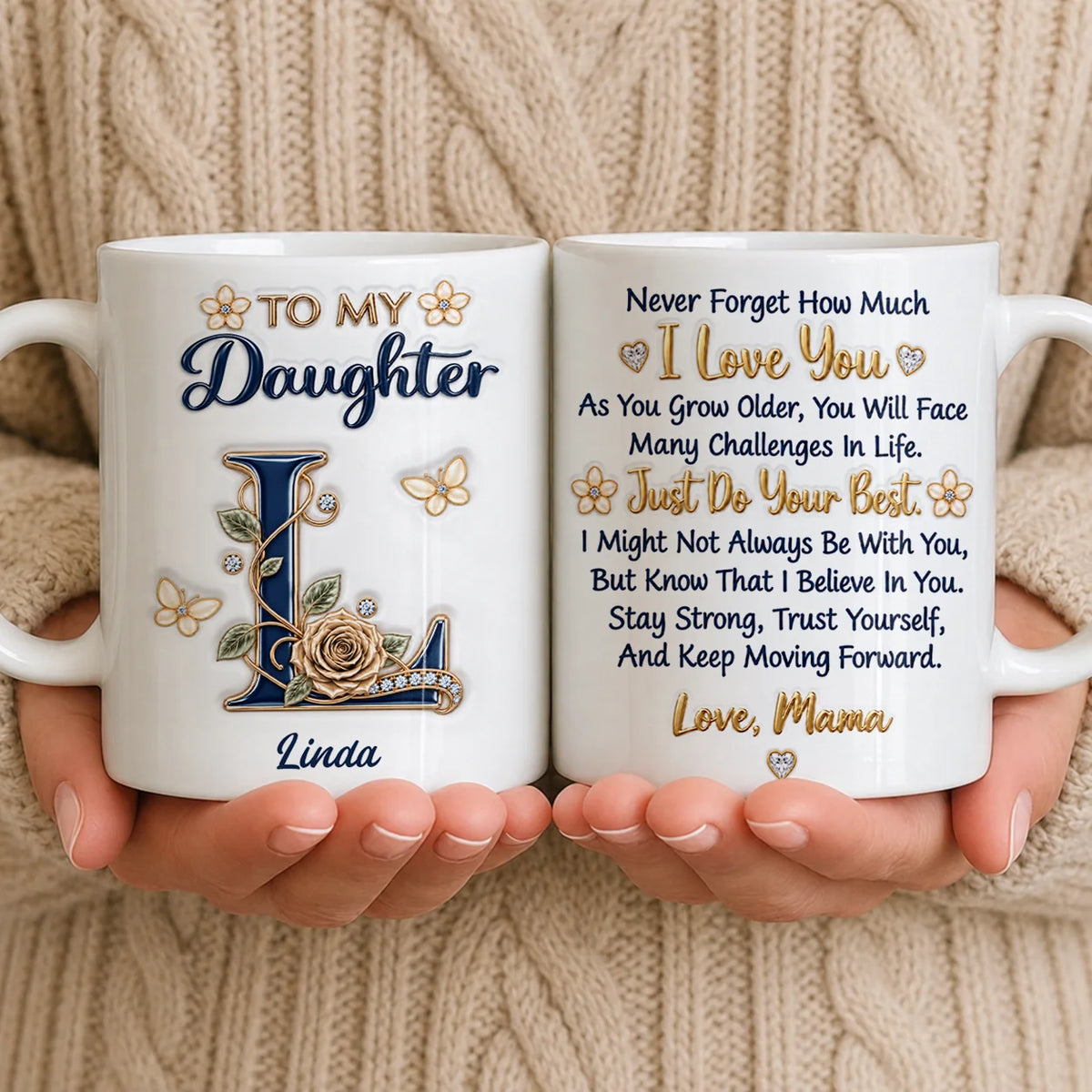 Personalisiert für meine Tochter: Marineblaue Initiale & Champagner-Rose Keramiktasse – Individuelles Namensgeschenk von Mama an Tochter