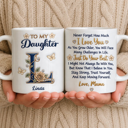 Personalisiert für meine Tochter: Marineblaue Initiale & Champagner-Rose Keramiktasse – Individuelles Namensgeschenk von Mama an Tochter