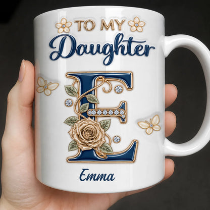 Personalisiert für meine Tochter: Marineblaue Initiale & Champagner-Rose Keramiktasse – Individuelles Namensgeschenk von Mama an Tochter