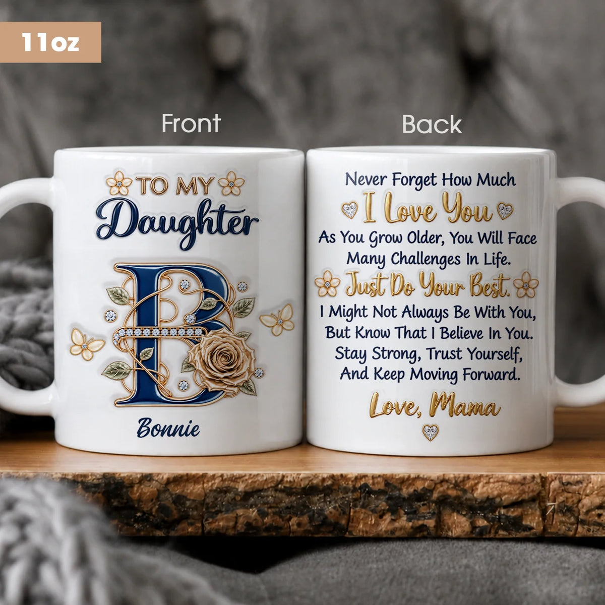 Personalisiert für meine Tochter: Marineblaue Initiale & Champagner-Rose Keramiktasse – Individuelles Namensgeschenk von Mama an Tochter