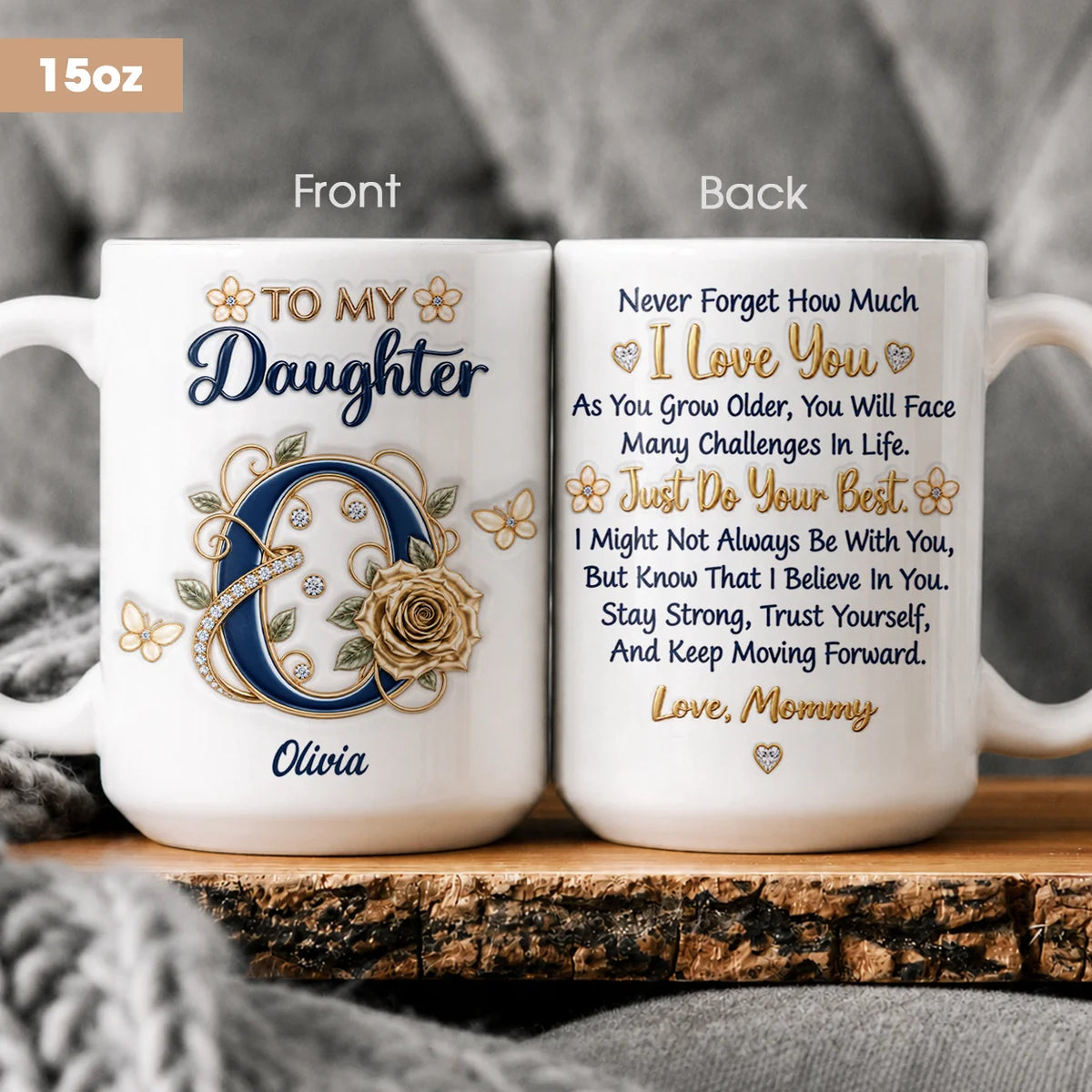 Personalisiert für meine Tochter: Marineblaue Initiale & Champagner-Rose Keramiktasse – Individuelles Namensgeschenk von Mama an Tochter