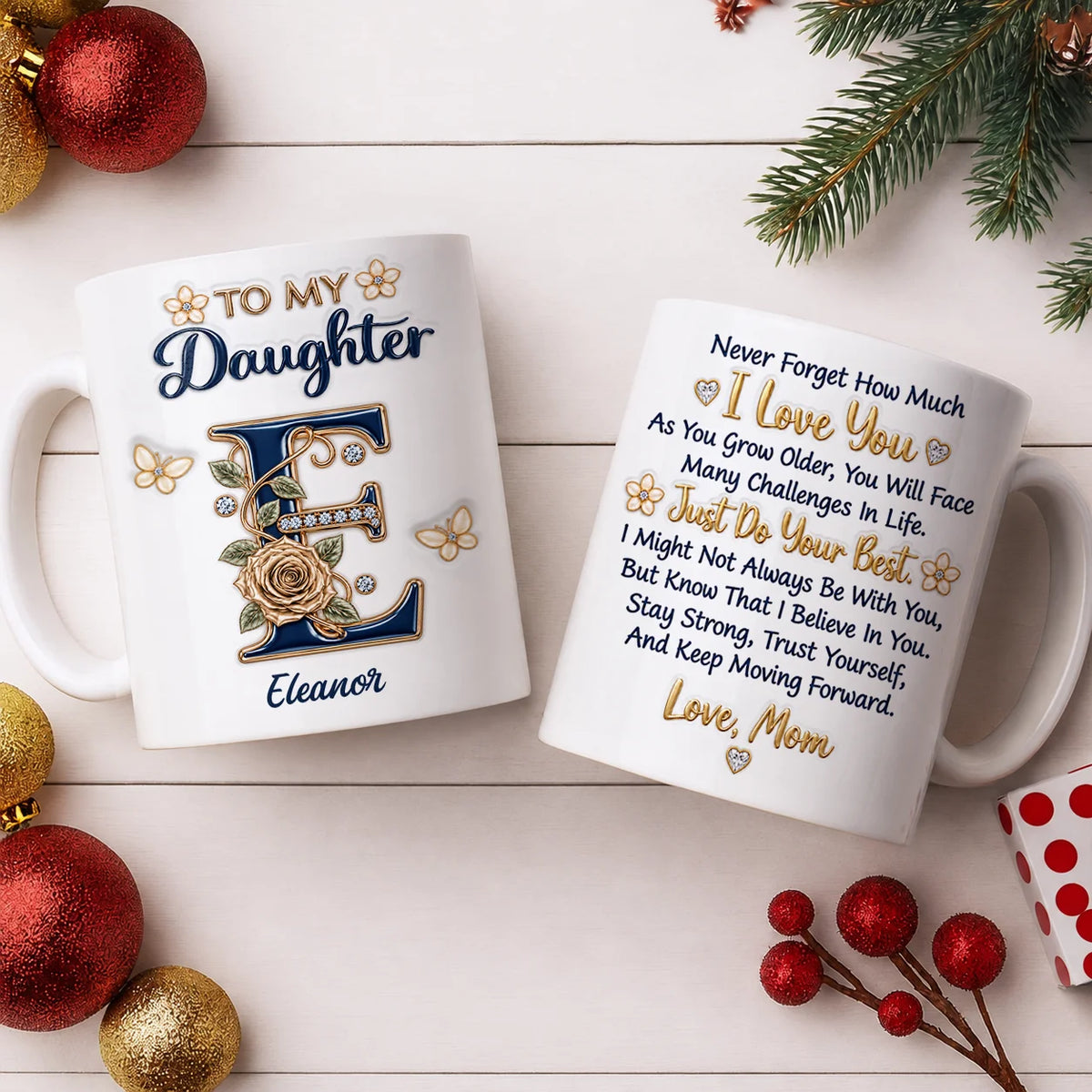 Personalisiert für meine Tochter: Marineblaue Initiale & Champagner-Rose Keramiktasse – Individuelles Namensgeschenk von Mama an Tochter