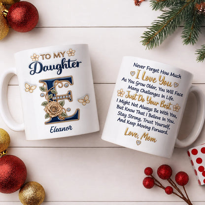 Personalisiert für meine Tochter: Marineblaue Initiale & Champagner-Rose Keramiktasse – Individuelles Namensgeschenk von Mama an Tochter