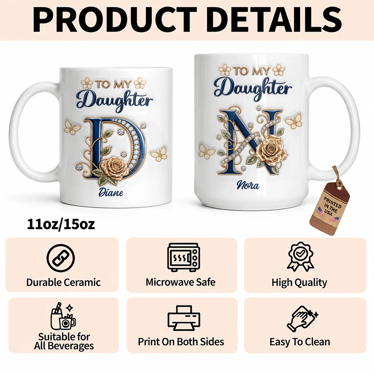 Personalisiert für meine Tochter: Marineblaue Initiale & Champagner-Rose Keramiktasse – Individuelles Namensgeschenk von Mama an Tochter